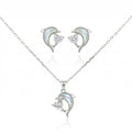925 Silver Dolphin Heart Zircon Pendant Necklace & Earrings Set – Elegant Pearl Shell Jewelry for Women