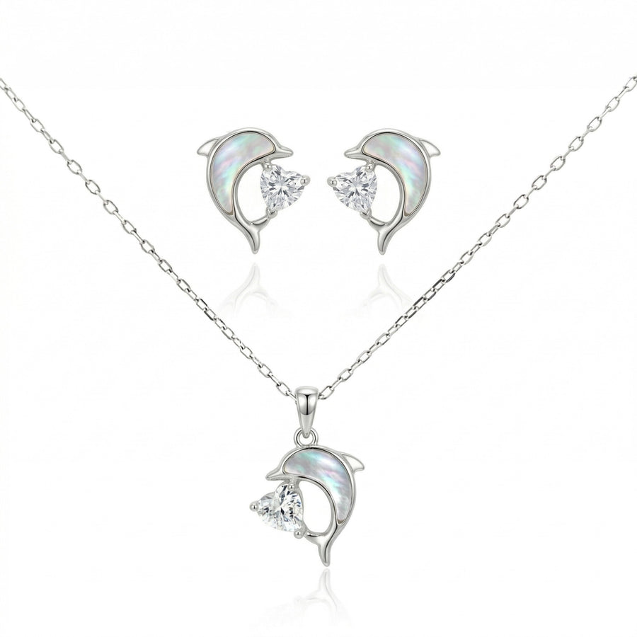 925 Silver Dolphin Heart Zircon Pendant Necklace & Earrings Set – Elegant Pearl Shell Jewelry for Women
