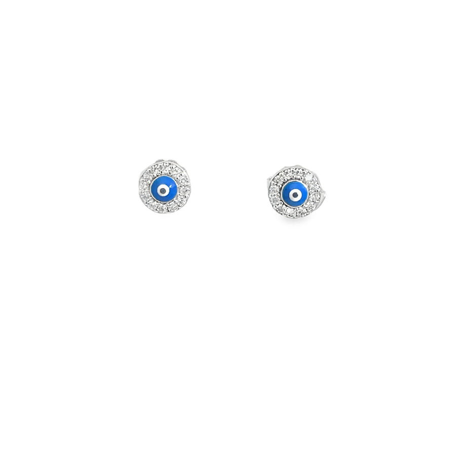 925 Sterling Silver Evil Eye Stud Earrings with Crystal Halo