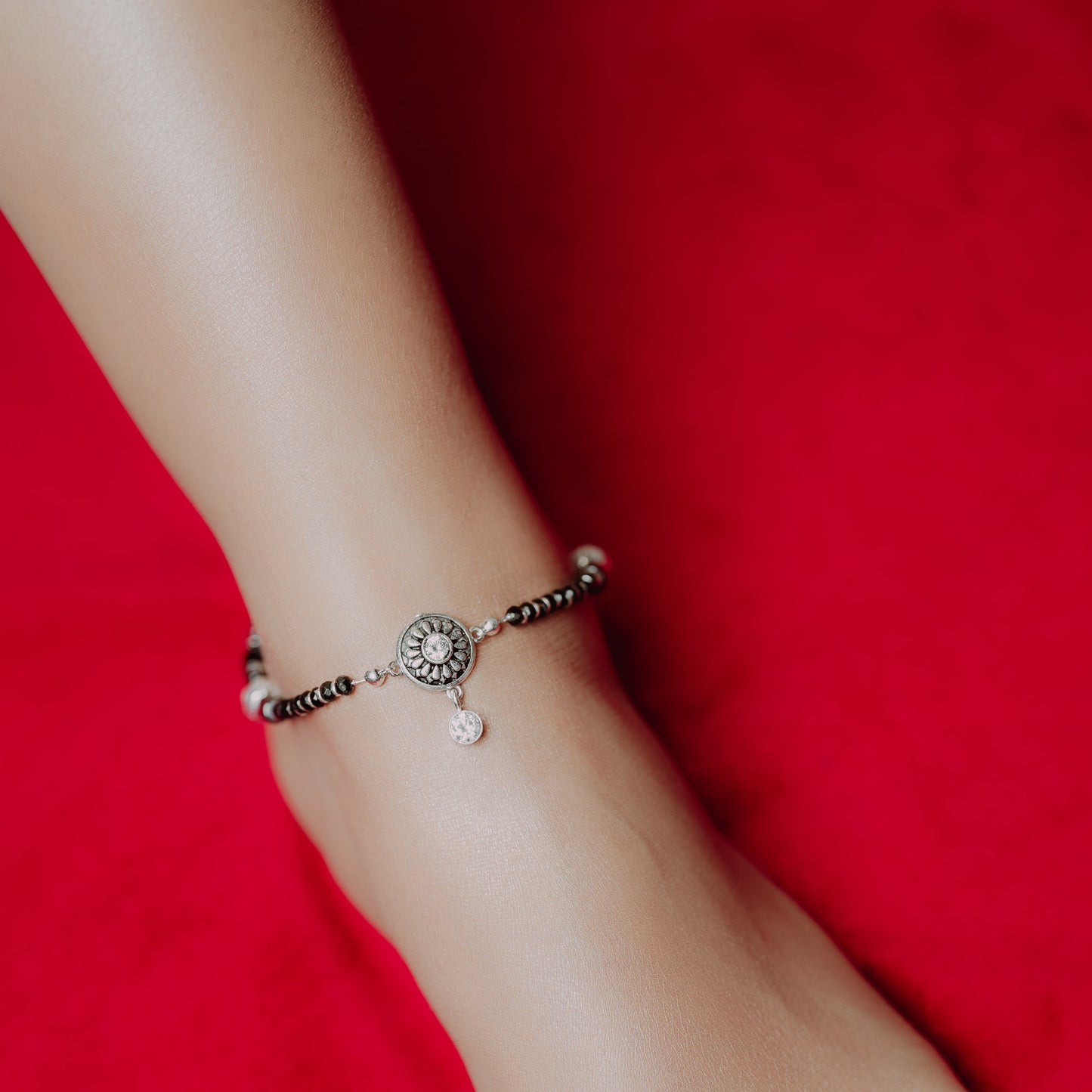 Oxidised Silver Classic White Stone Anklet with Silver Beads