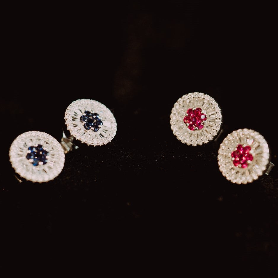 Round Silver Symmetry Studs with Colored Stones in Middle