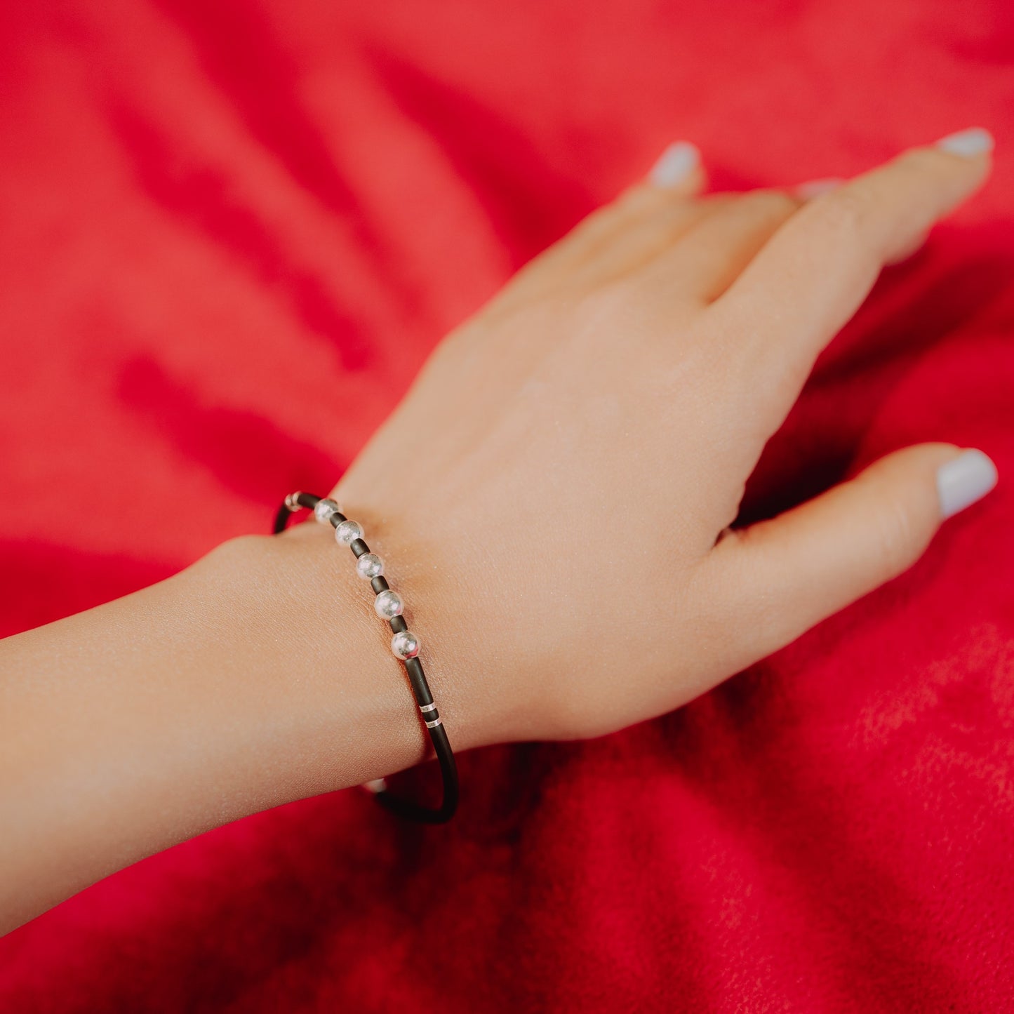 Silver Beaded Black Banded Bracelet