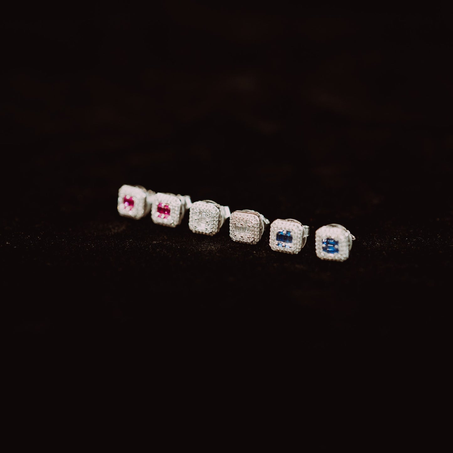 Square Silver Symmetry Studs with Colored Stones in Middle