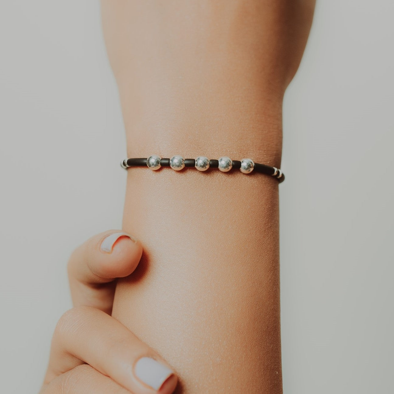 Silver Beaded Black Banded Bracelet