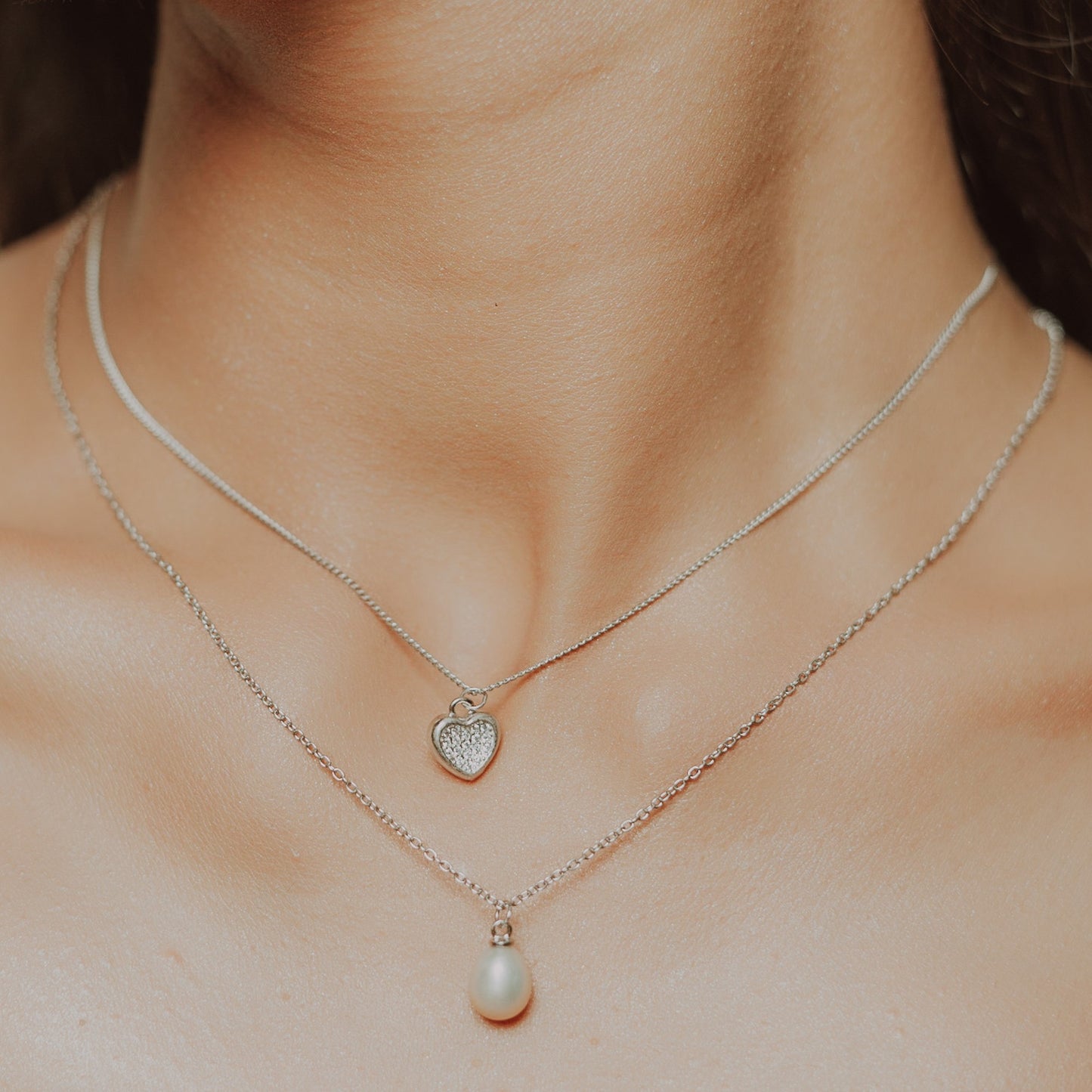 Silver Heart and Pearl Double Layer Necklace