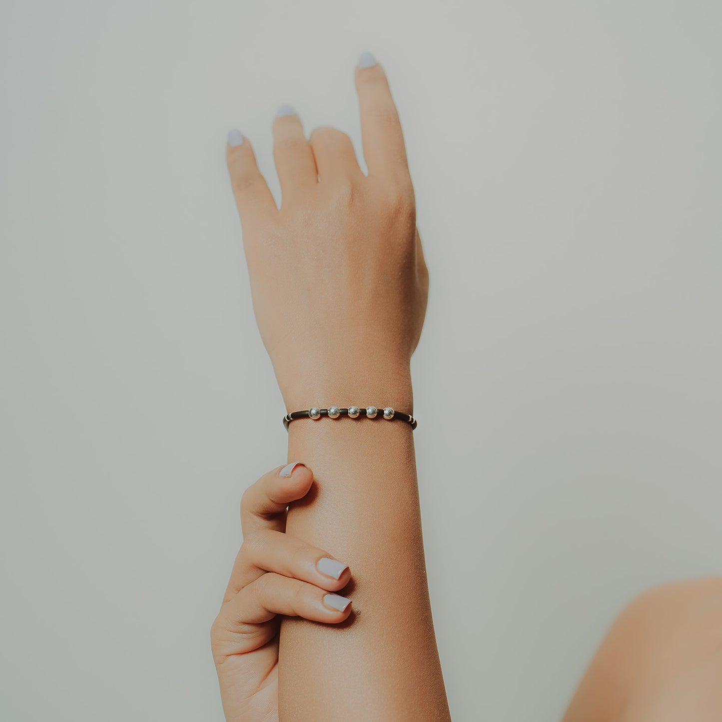 Silver Beaded Black Banded Bracelet