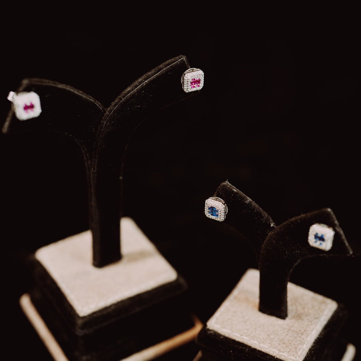 Square Silver Symmetry Studs with Colored Stones in Middle