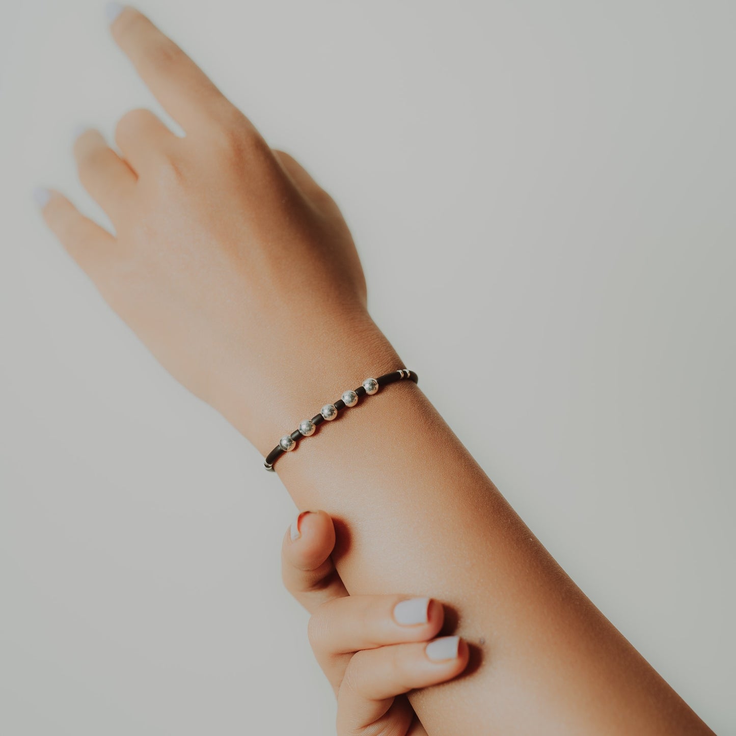 Silver Beaded Black Banded Bracelet