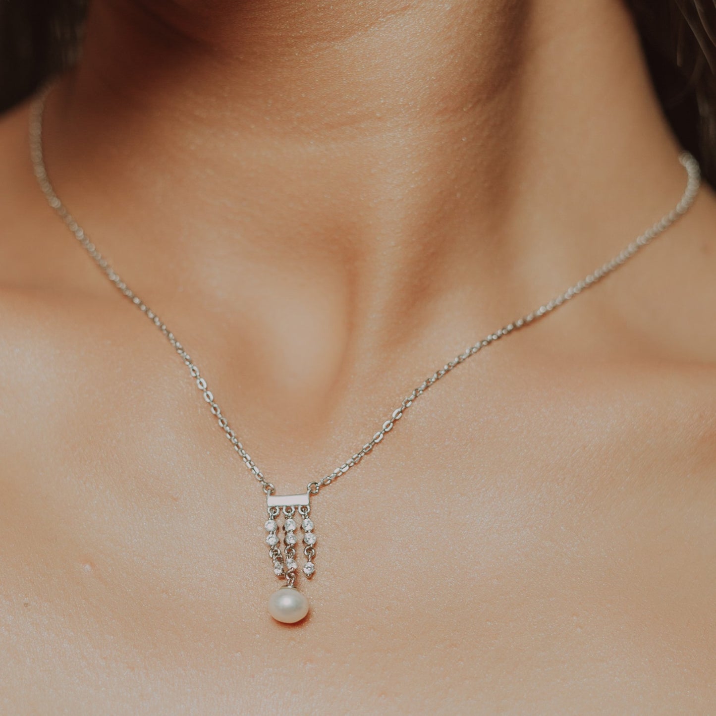 Silver Trinity Pearl Drop Pendant Necklace