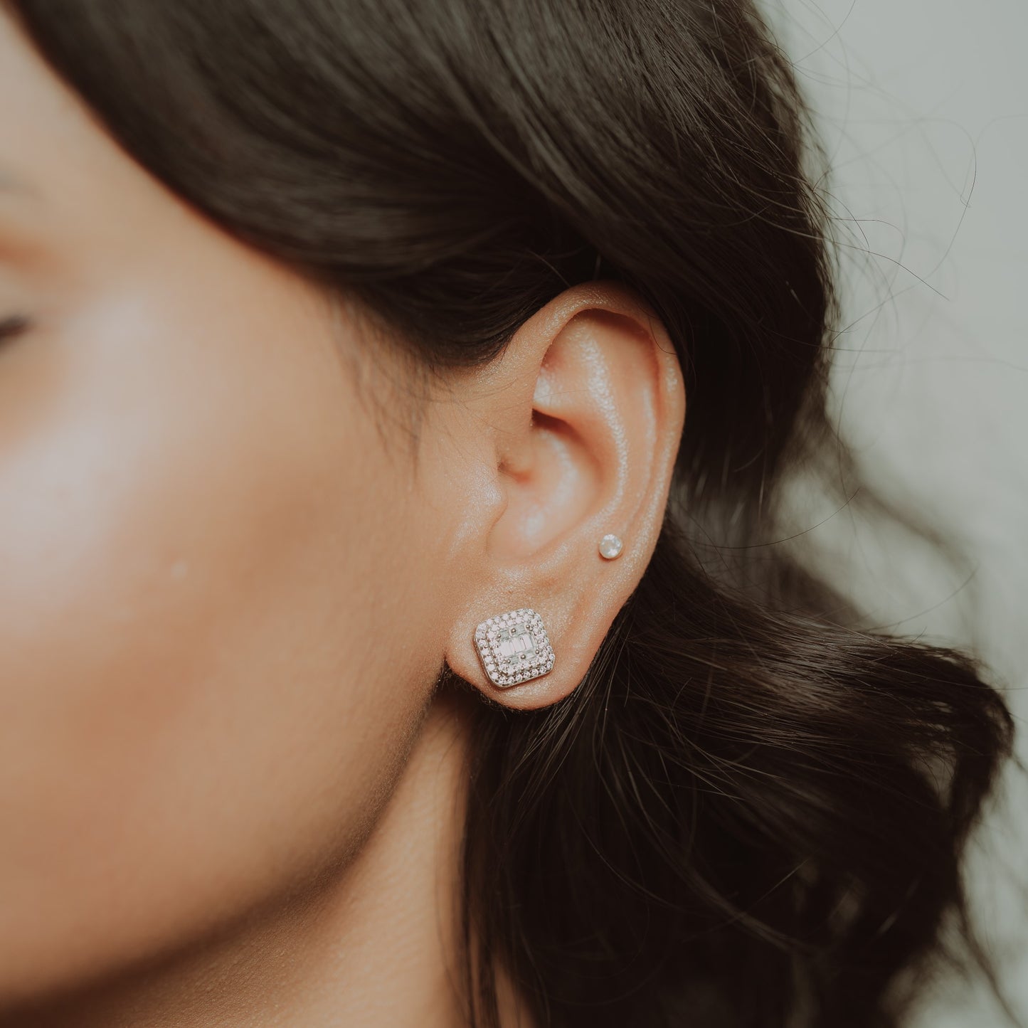 Square Silver Symmetry Studs with Colored Stones in Middle