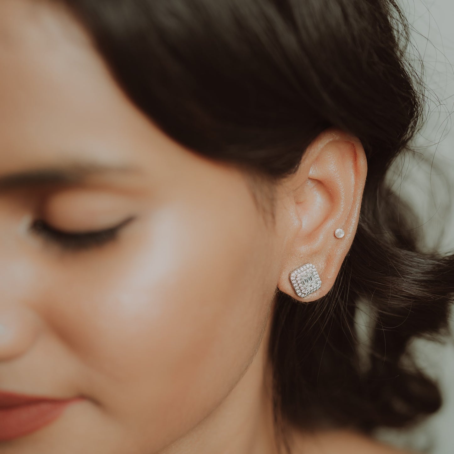 Square Silver Symmetry Studs with Colored Stones in Middle