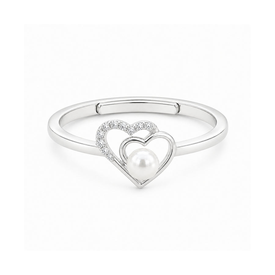 925 Sterling Silver Double Heart Pearl Ring – Adjustable Romantic Open Band with CZ Accents