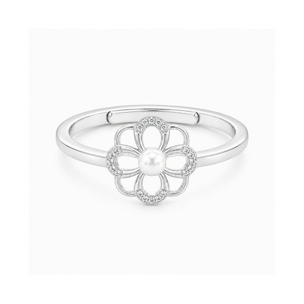 925 Sterling Silver Floral Pearl Ring – Adjustable Flower Open Band with Cubic Zirconia Accents