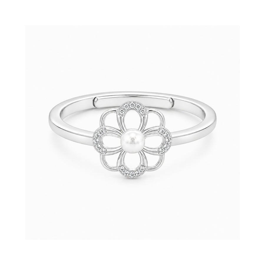925 Sterling Silver Floral Pearl Ring – Adjustable Flower Open Band with Cubic Zirconia Accents