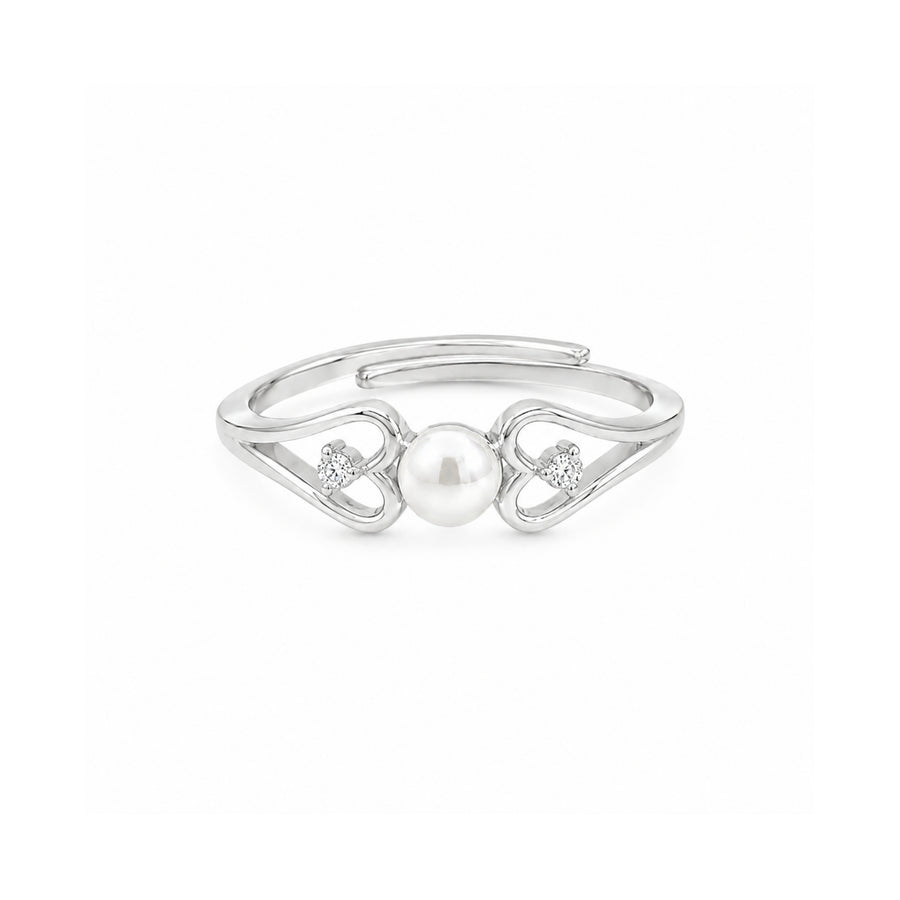 925 Sterling Silver Double Heart Adjustable Ring with Freshwater Pearl